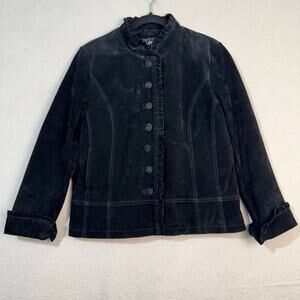 Brandon Thomas VTG Black Suede Leather Jacket Blazer Ruffle-Edged Size Large